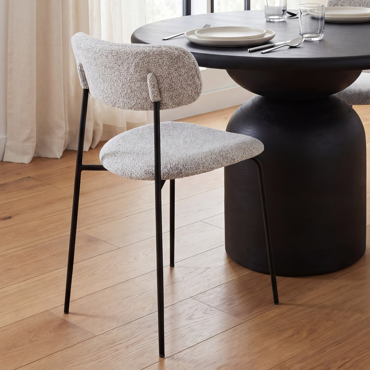 Casey Curved Back Dining Side Chair | Gray Fabric w/ Black Metal-Dining Chairs-DECOROLALA