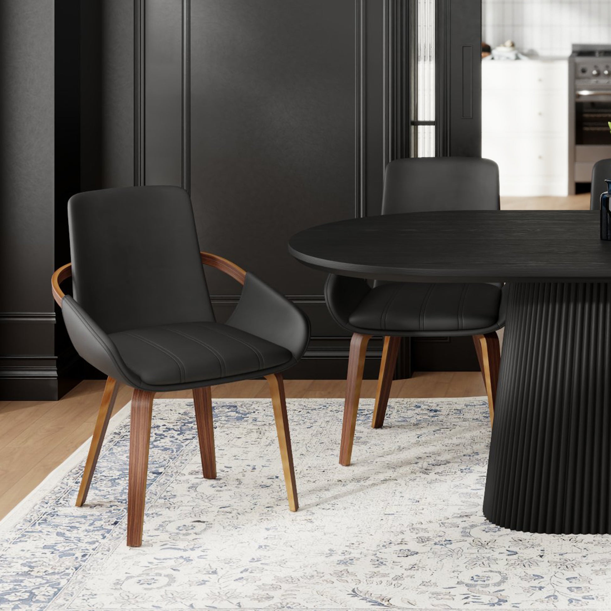 Caspian Dining Chair - Black Faux Leather & Walnut Mid-Century-DECOROLALA