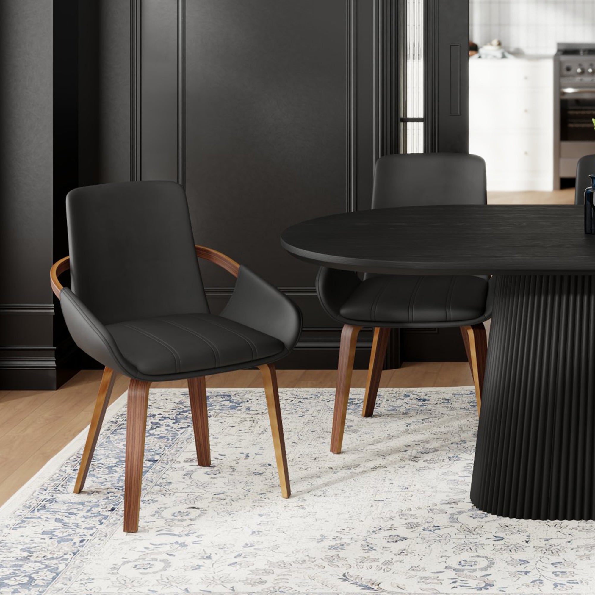 Caspian Dining Chair - Black Faux Leather & Walnut Mid-Century-DECOROLALA