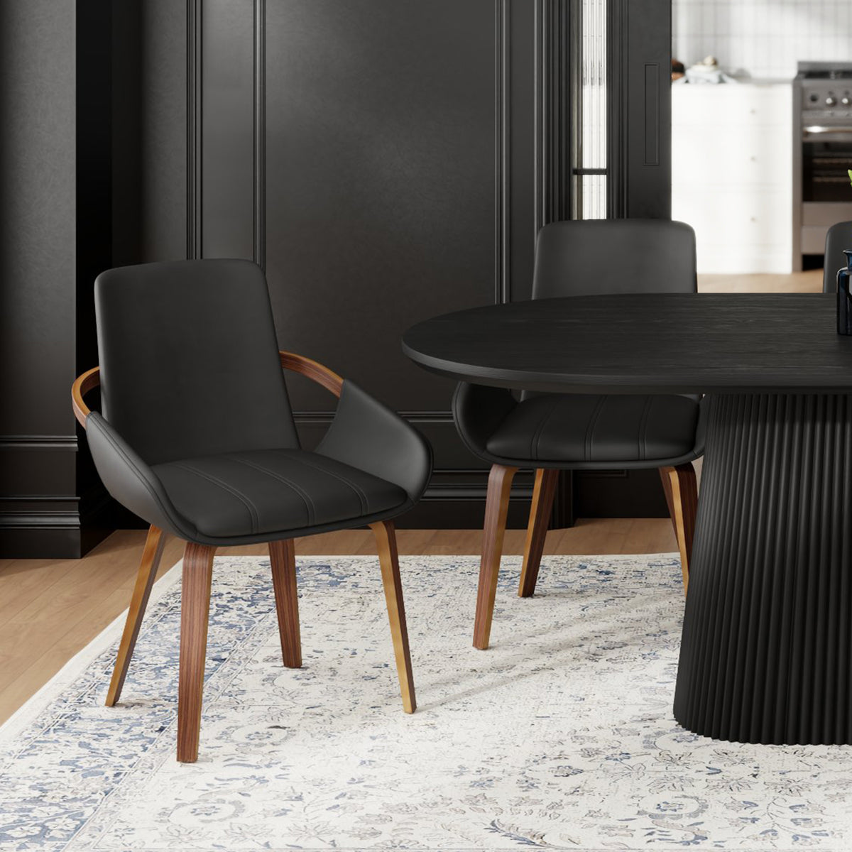 Caspian Dining Chair - Black Faux Leather & Walnut Mid-Century-Dining Chairs-DECOROLALA