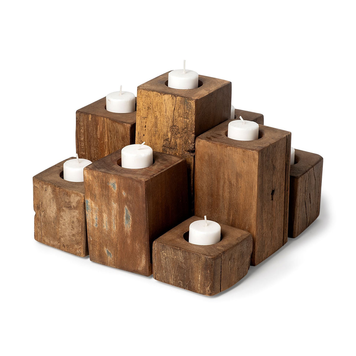Cassius Light Brown 9-Block Wood Table Candle Holder-Candle Holders-DECOROLALA
