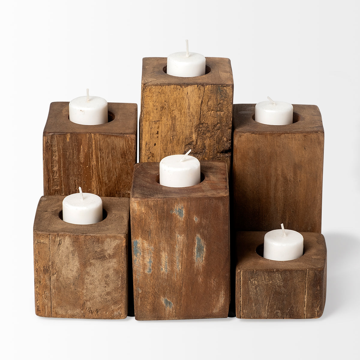Cassius Light Brown Nine Wood Block Table Candle Holder-Table Candle Holders-DECOROLALA