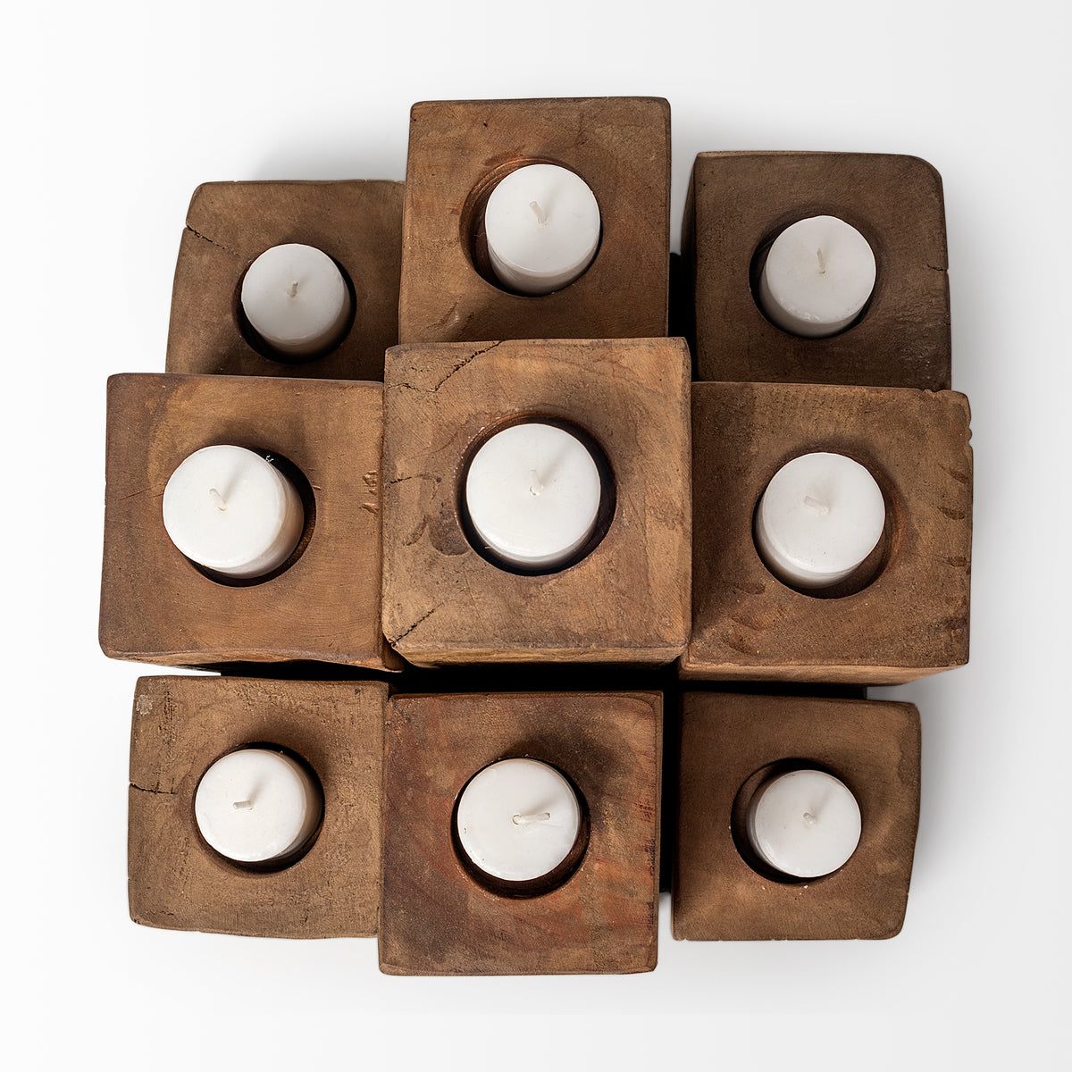 Cassius Light Brown Nine Wood Block Table Candle Holder-Table Candle Holders-DECOROLALA