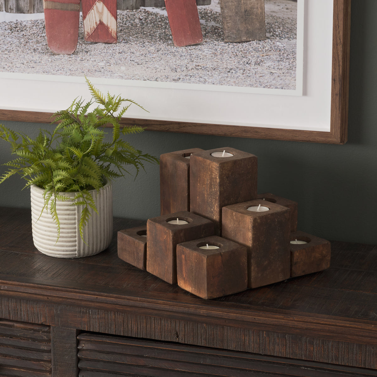 Cassius Light Brown Nine Wood Block Table Candle Holder-Table Candle Holders-DECOROLALA