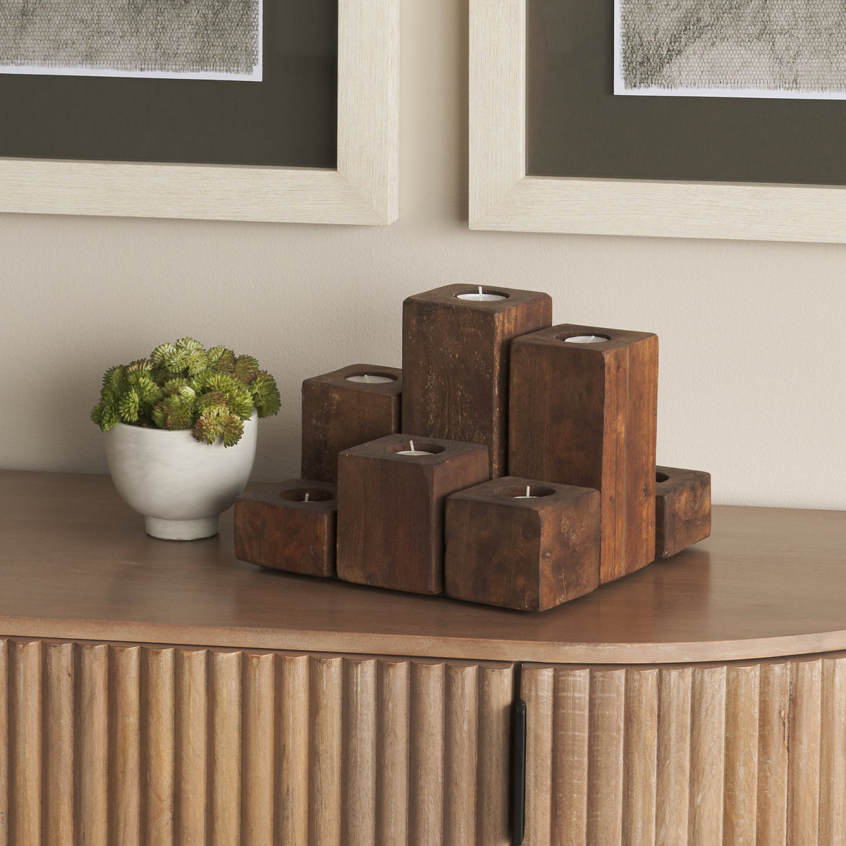 Cassius Light Brown Nine Wood Block Table Candle Holder-Table Candle Holders-DECOROLALA