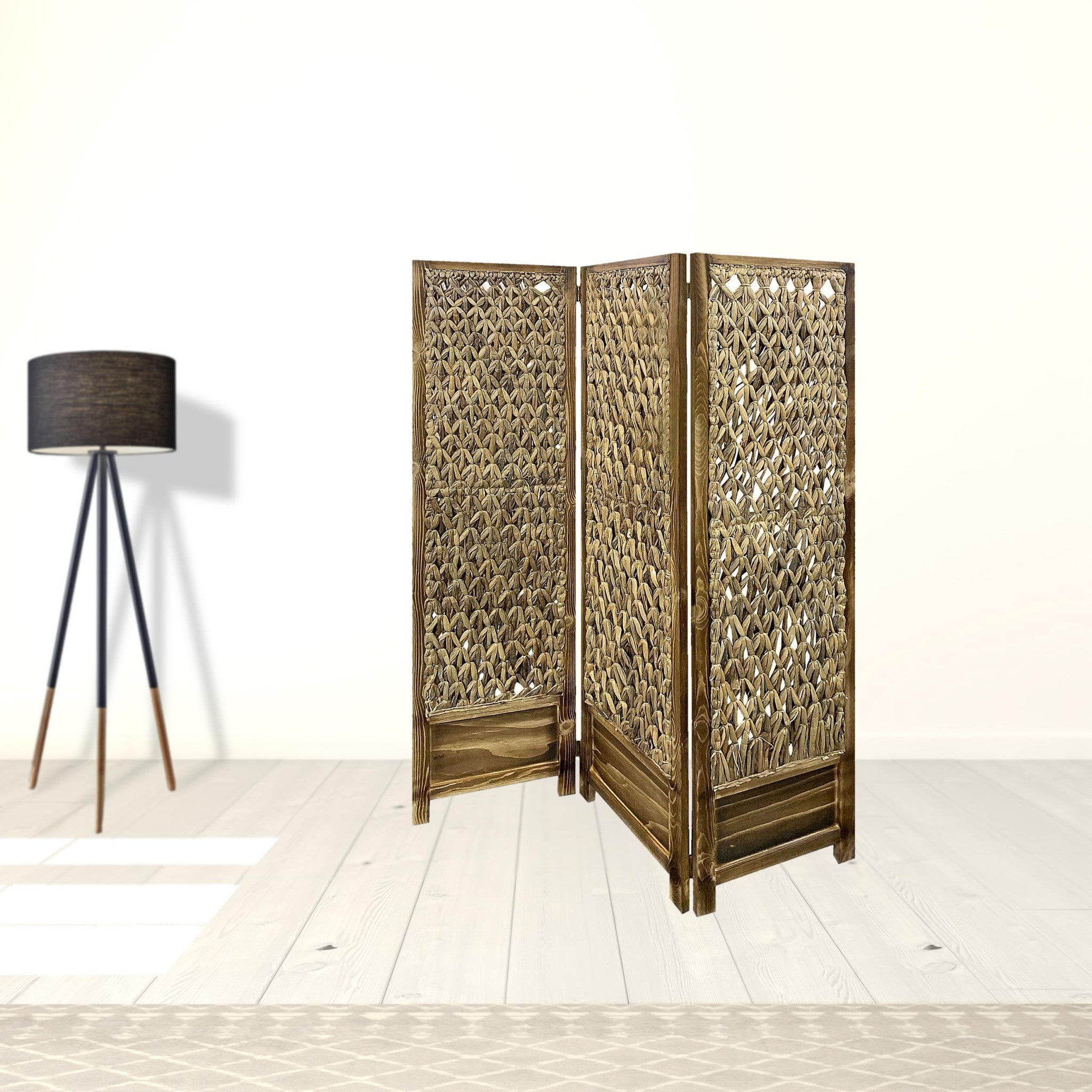 Casual Wood And Seagrass Three Panel Room Divider Screen-Room Dividers-DECOROLALA