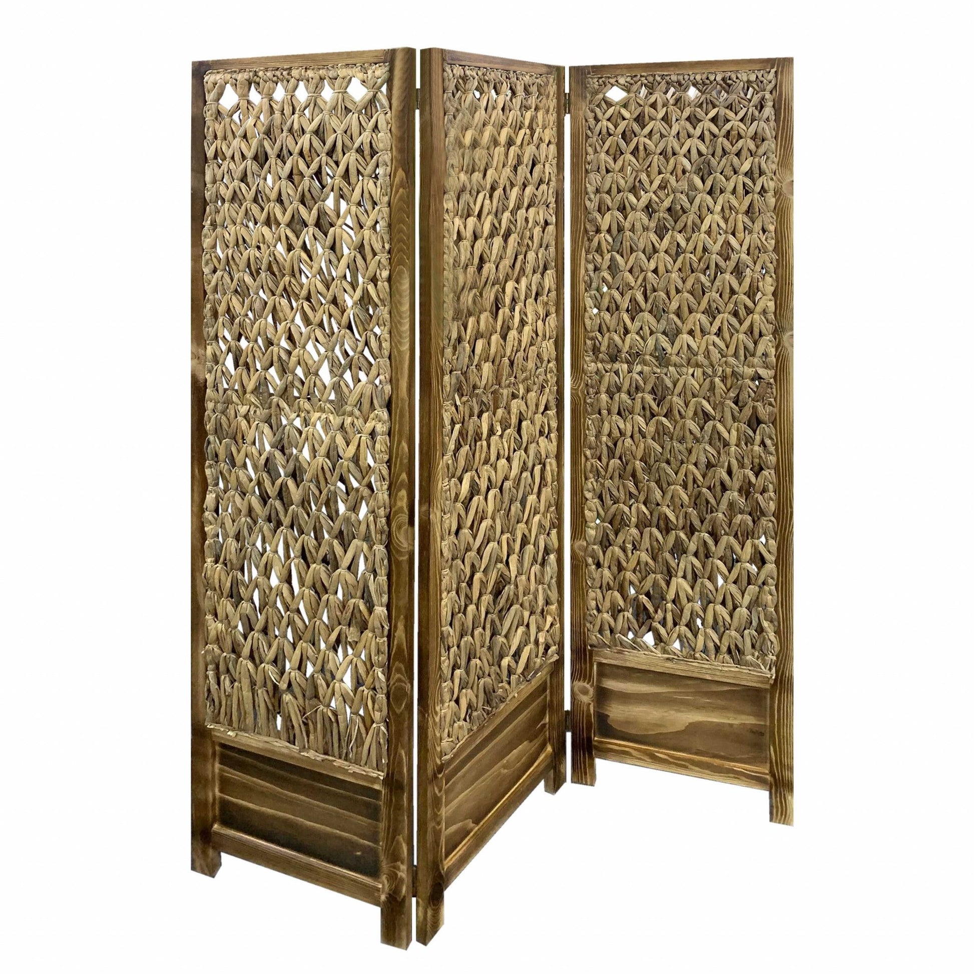 Casual Wood And Seagrass Three Panel Room Divider Screen-Room Dividers-DECOROLALA