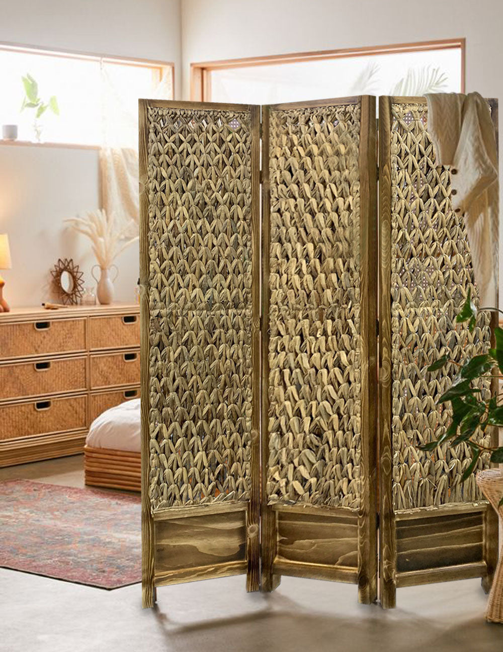 Casual Wood And Seagrass Three Panel Room Divider Screen-Room Dividers-DECOROLALA