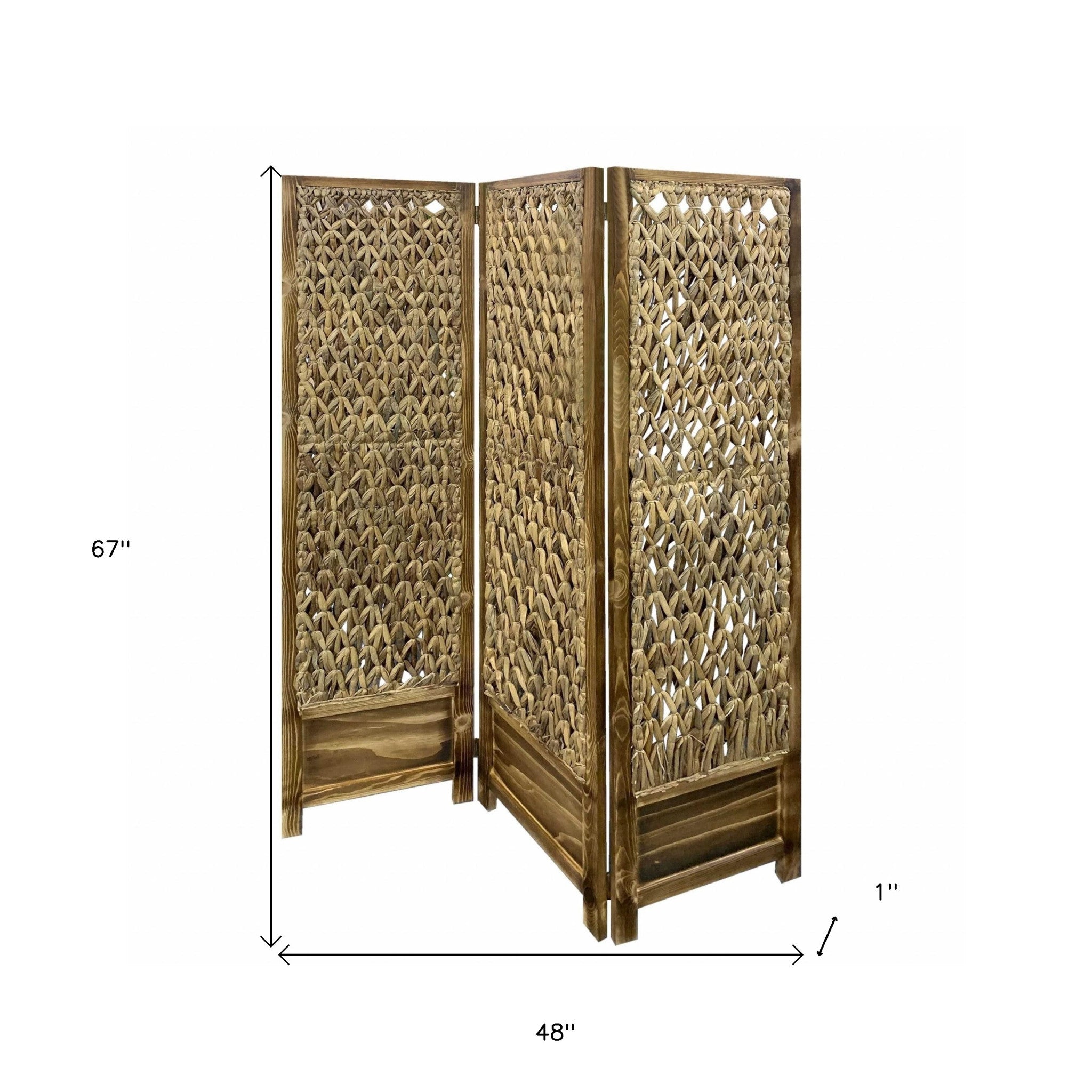 Casual Wood And Seagrass Three Panel Room Divider Screen-Room Dividers-DECOROLALA