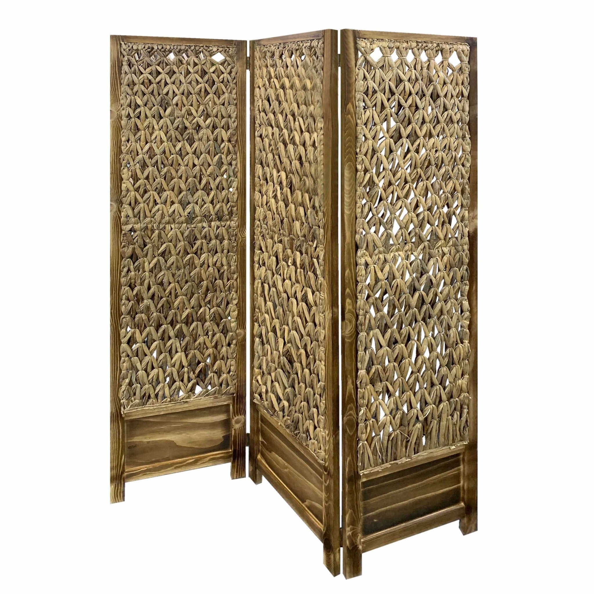 Casual Wood And Seagrass Three Panel Room Divider Screen-Room Dividers-DECOROLALA