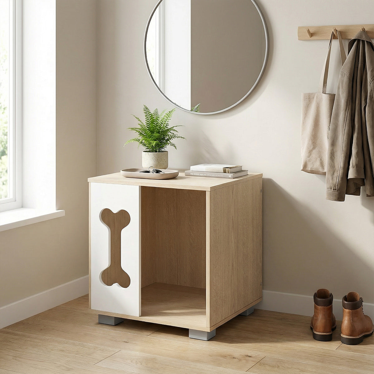 Cat Bed Side Table Wooden Cat Condo with Bone-shape Window and Thick Metal Legs-Natural-Dog Kennels-DECOROLALA