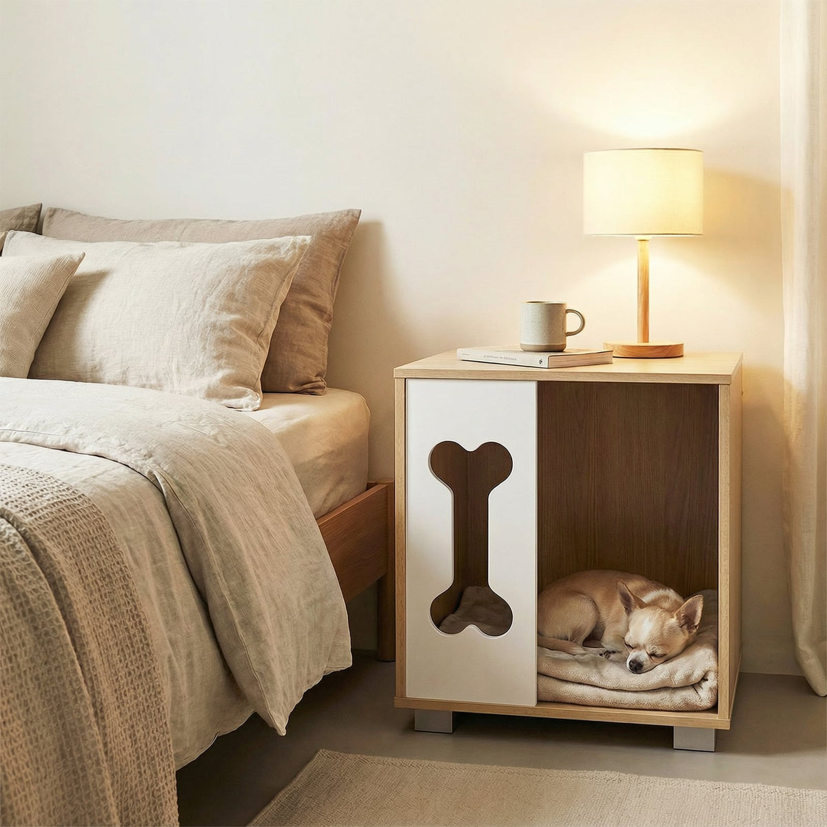 Cat Bed Side Table Wooden Cat Condo with Bone-shape Window and Thick Metal Legs-Natural-Dog Kennels-DECOROLALA