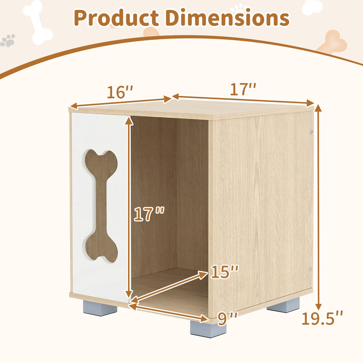 Cat Bed Side Table Wooden Cat Condo with Bone-shape Window and Thick Metal Legs-Natural-Dog Kennels-DECOROLALA