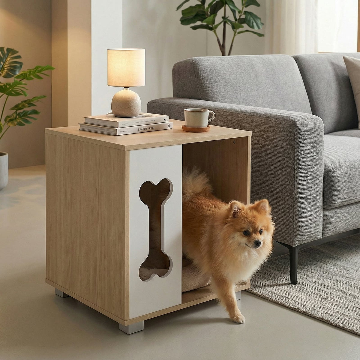 Cat Bed Side Table Wooden Cat Condo with Bone-shape Window and Thick Metal Legs-Natural-Dog Kennels-DECOROLALA