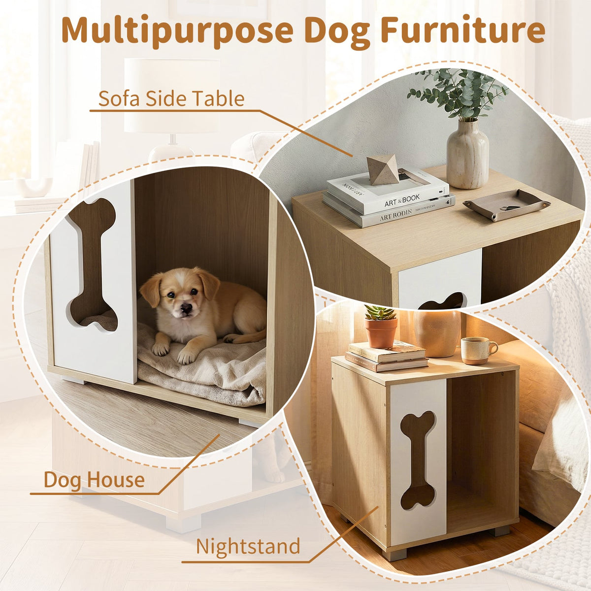 Cat Bed Side Table Wooden Cat Condo with Bone-shape Window and Thick Metal Legs-Natural-Dog Kennels-DECOROLALA