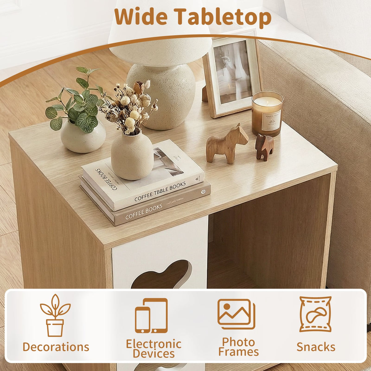 Cat Bed Side Table Wooden Cat Condo with Bone-shape Window and Thick Metal Legs-Natural-Dog Kennels-DECOROLALA