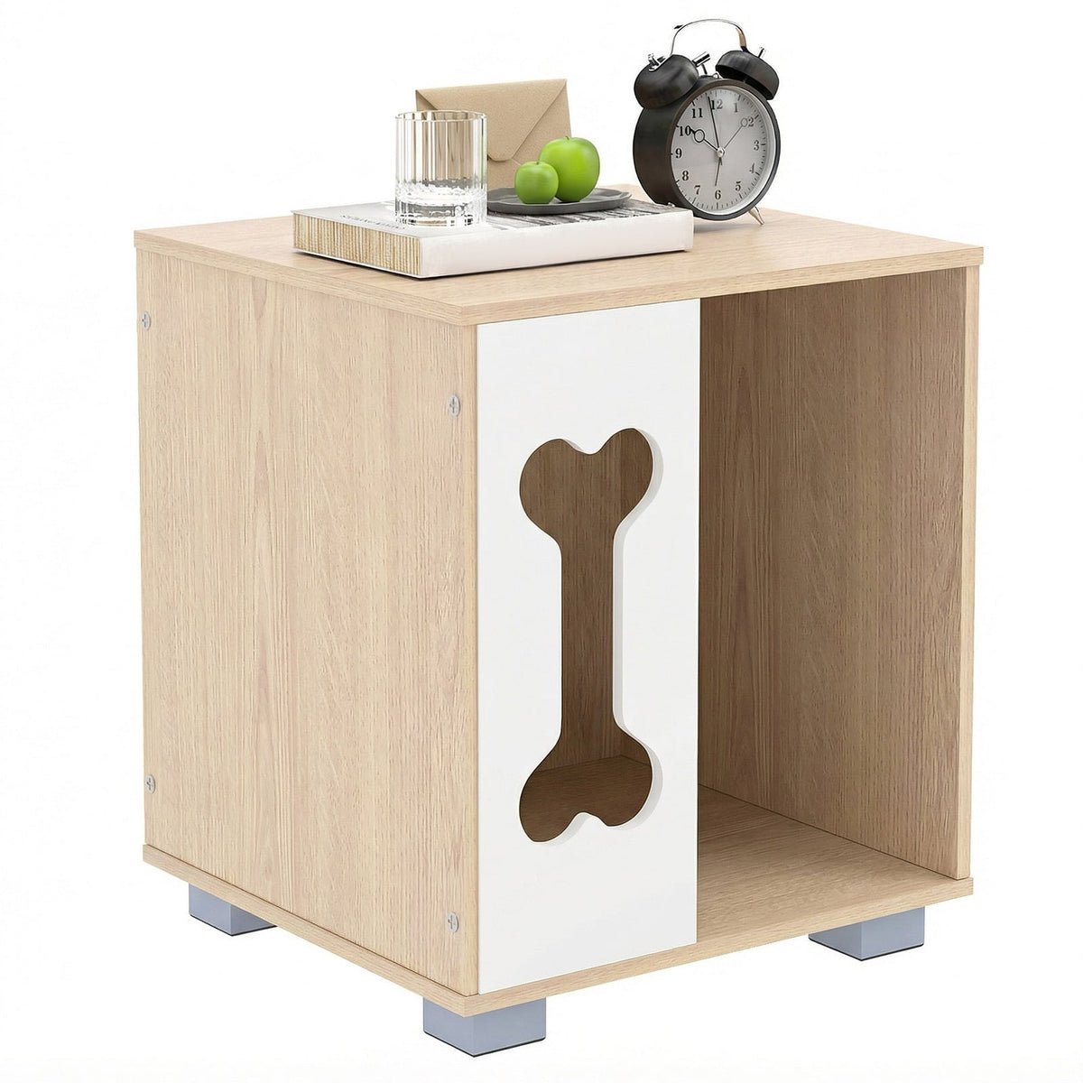 Cat Bed Side Table Wooden Cat Condo with Bone-shape Window and Thick Metal Legs-Natural-Dog Kennels-DECOROLALA