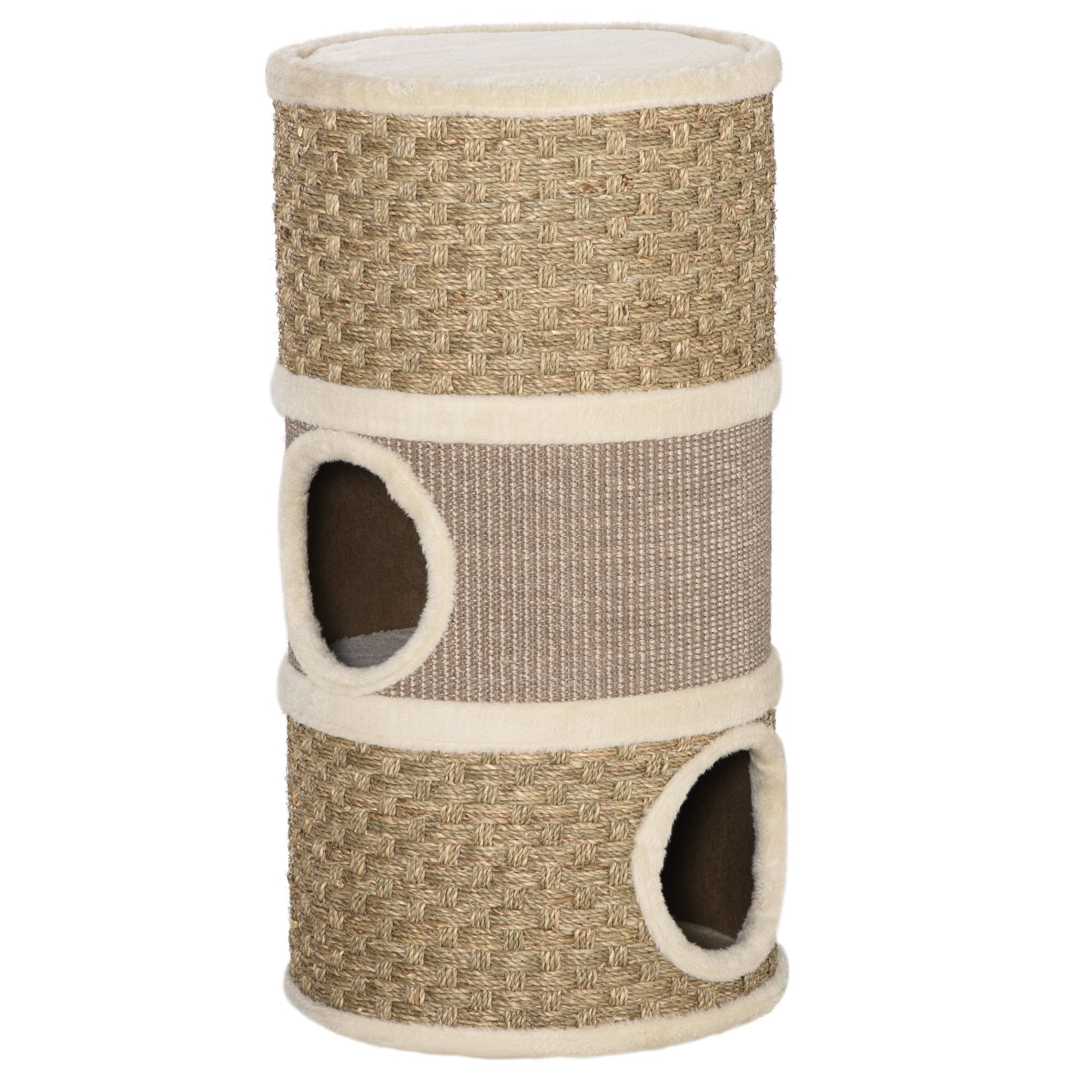 Cat Condo 3 Story Three Holes with Sisal Seaweed Scratching Cover Surface, Cat Tower for Indoor Cats, 15" x 28", Khaki and Brown-Cats-DECOROLALA