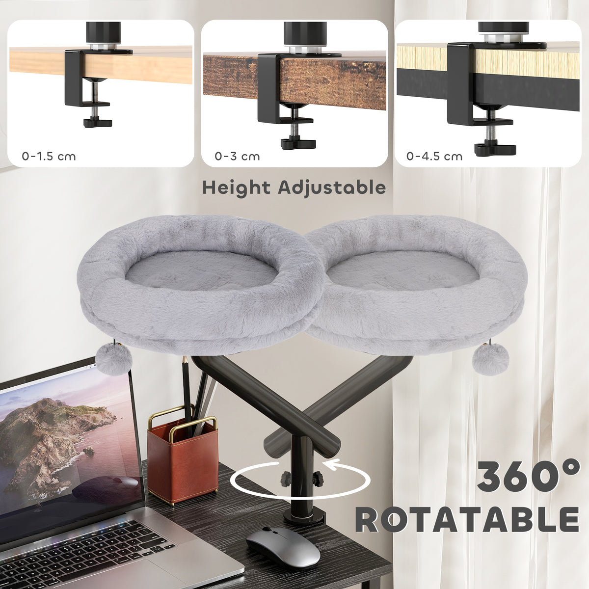 Cat Desk Bed - 360° Rotatable Adjustable Height Grey-Cats-DECOROLALA