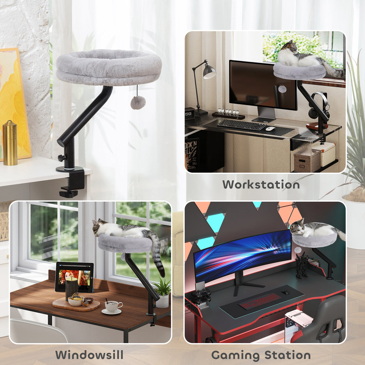 Cat Desk Bed - 360° Rotatable Adjustable Height Grey-Cats-DECOROLALA