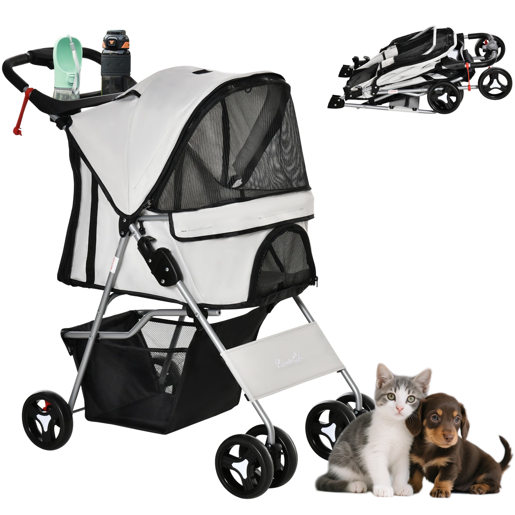 Cat Dog Stroller, One-click Foldable Pet Stroller w/Cup Holder, 4 Wheels Travel Carrier w/Brakes, 360° Swiveling Front Wheels, Storage Basket, for XS/Small Dogs Cats, Grey-Dogs-DECOROLALA