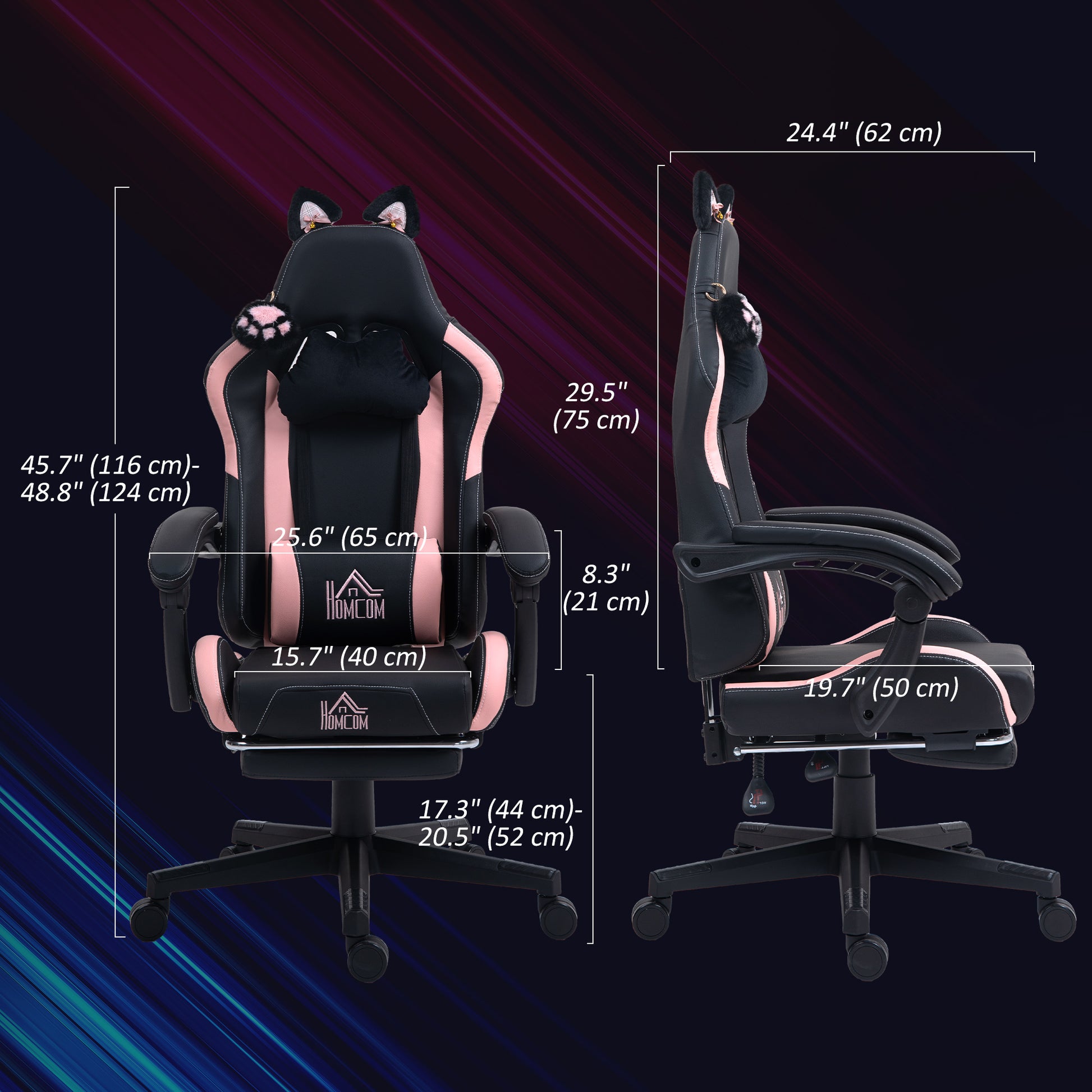 Cat Ear Gaming Chair with Footrest - Black Faux Leather-DECOROLALA