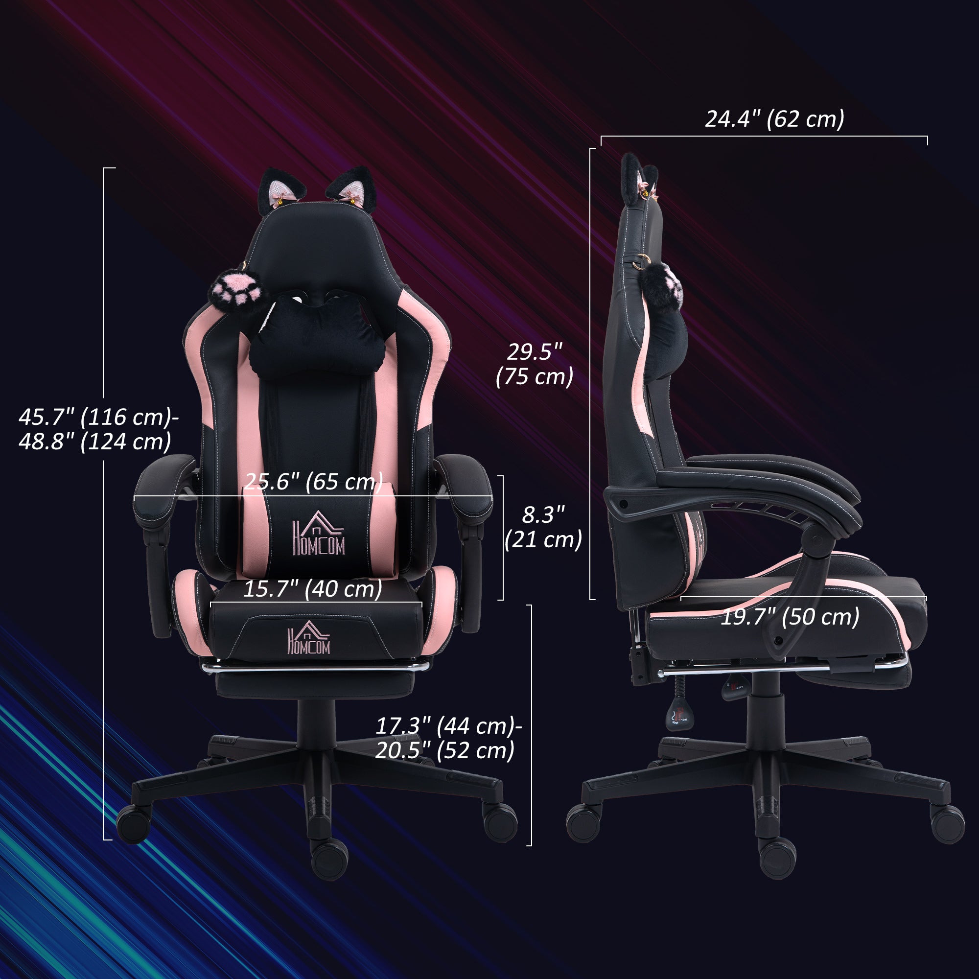 Cat Ear Gaming Chair with Footrest - Black Faux Leather-DECOROLALA
