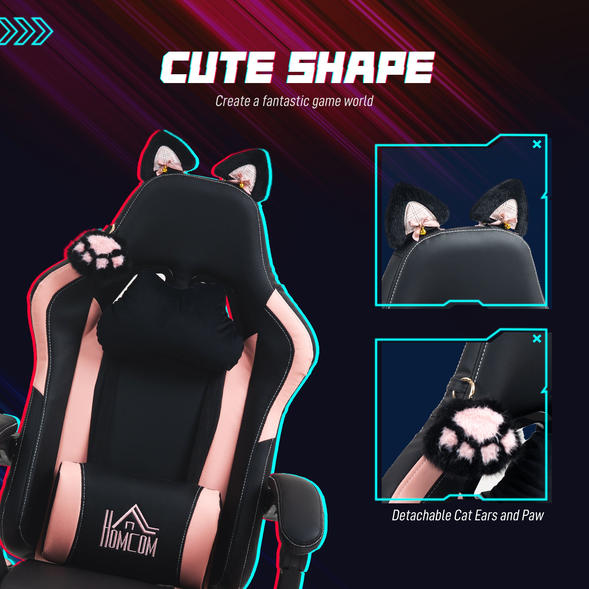 Cat Ear Gaming Chair with Footrest - Black Faux Leather-DECOROLALA