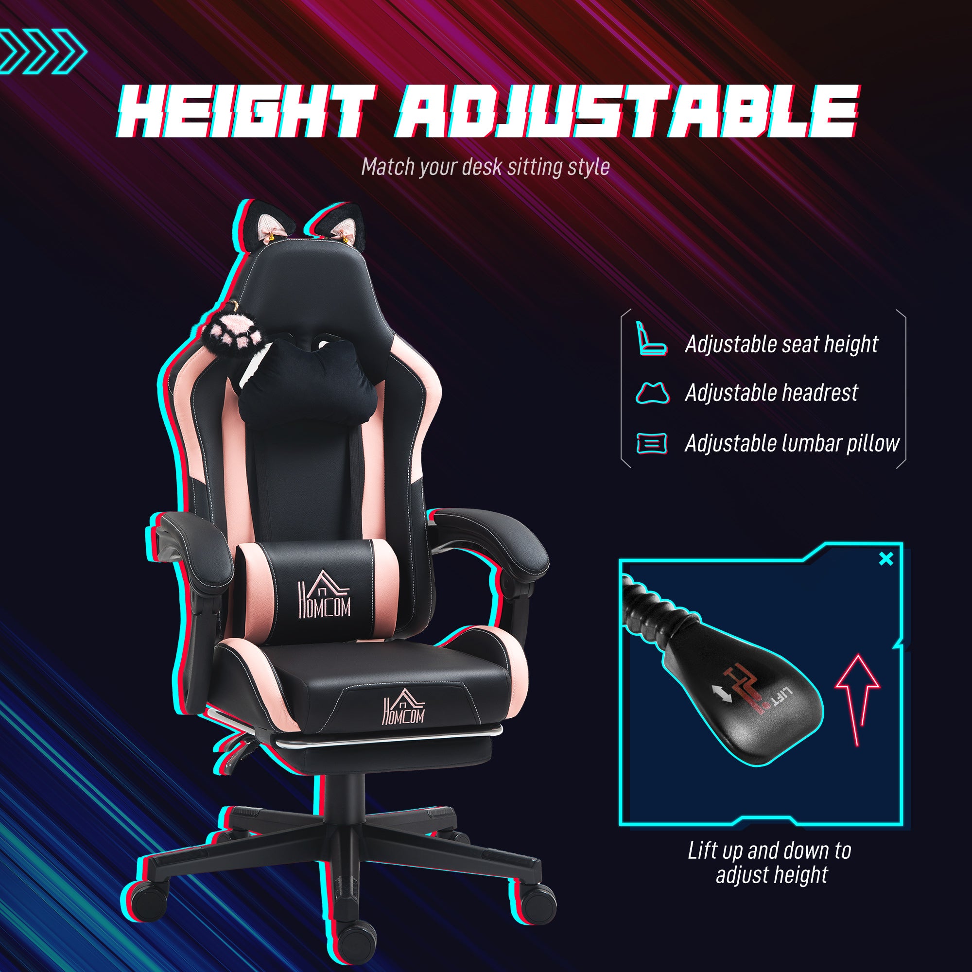 Cat Ear Gaming Chair with Footrest - Black Faux Leather-DECOROLALA