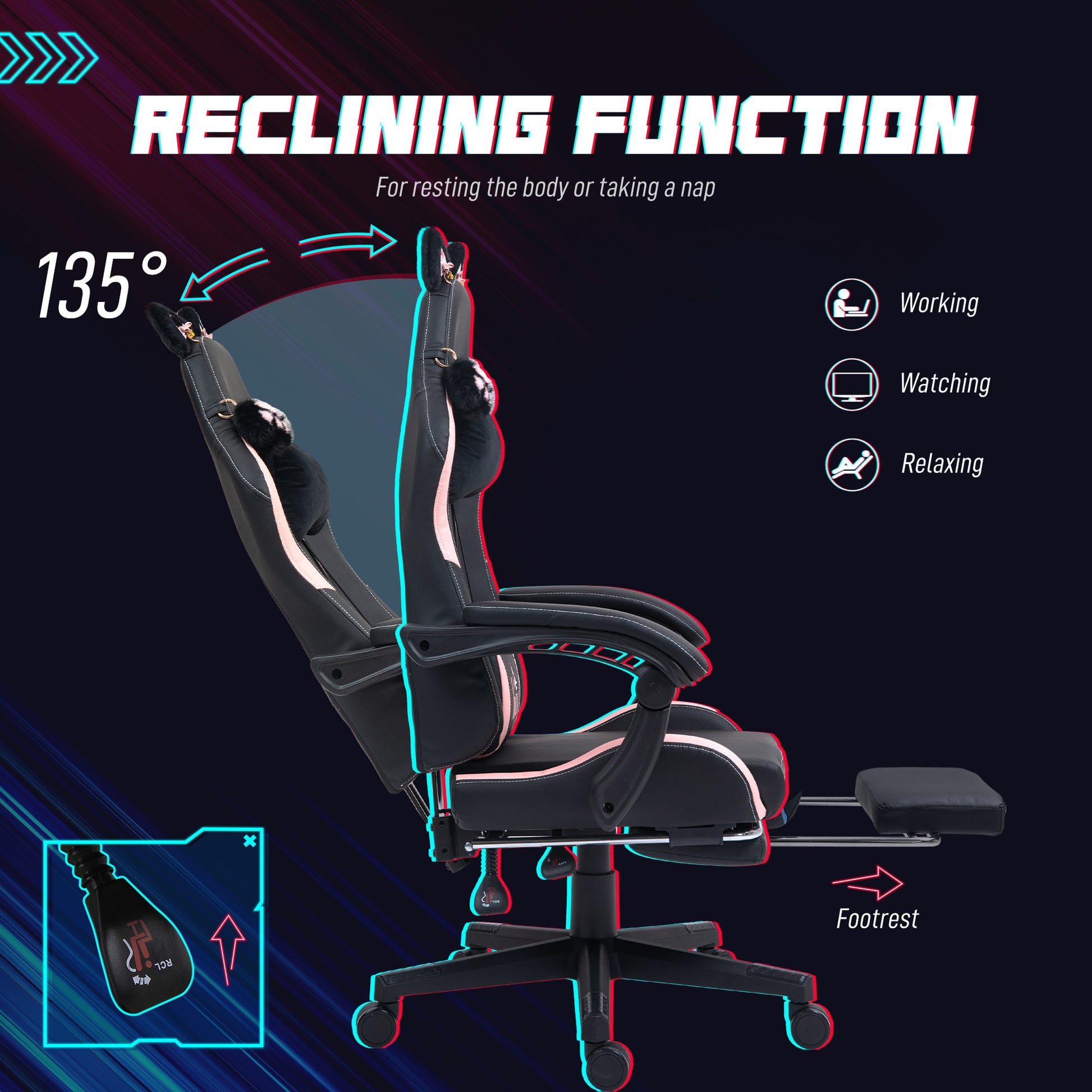 Cat Ear Gaming Chair with Footrest - Black Faux Leather-DECOROLALA