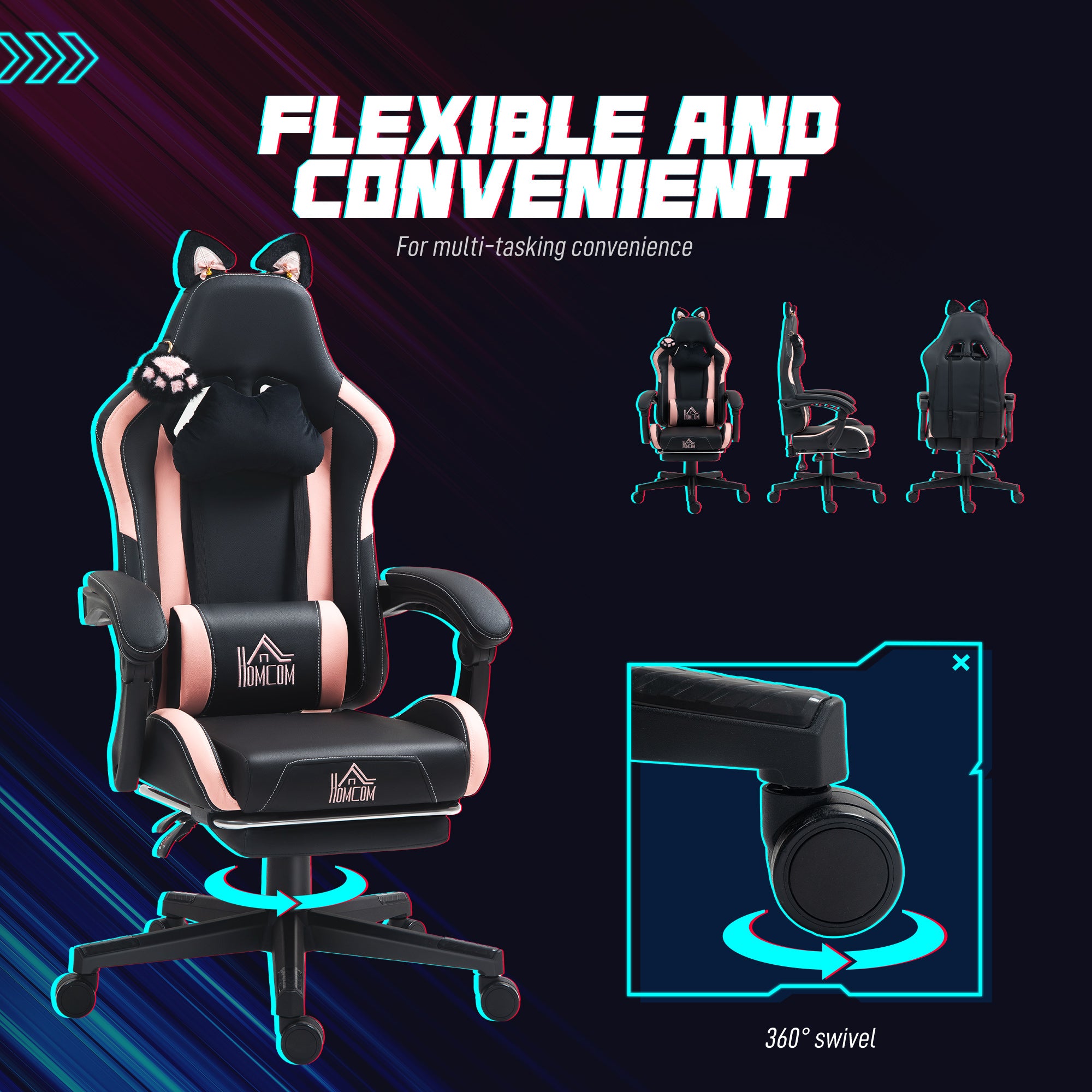 Cat Ear Gaming Chair with Footrest - Black Faux Leather-DECOROLALA