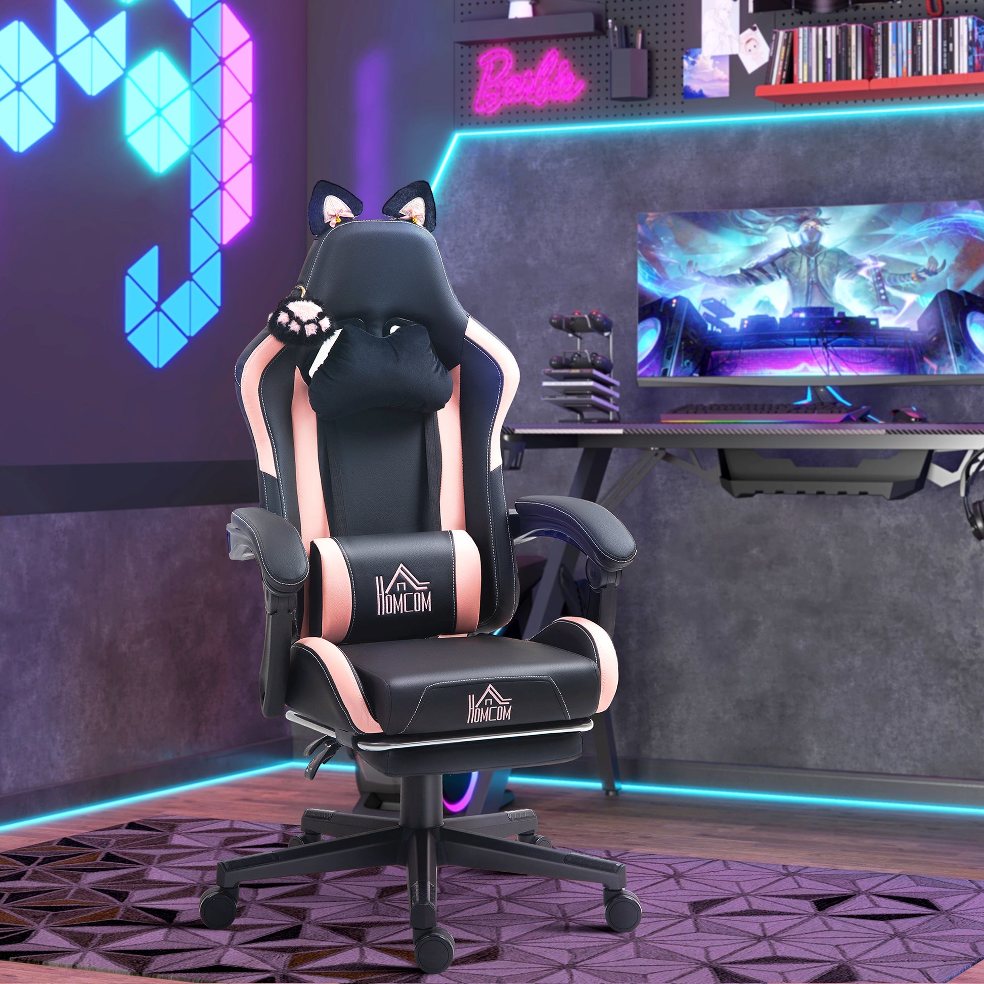 Cat Ear Gaming Chair with Footrest - Black Faux Leather-DECOROLALA