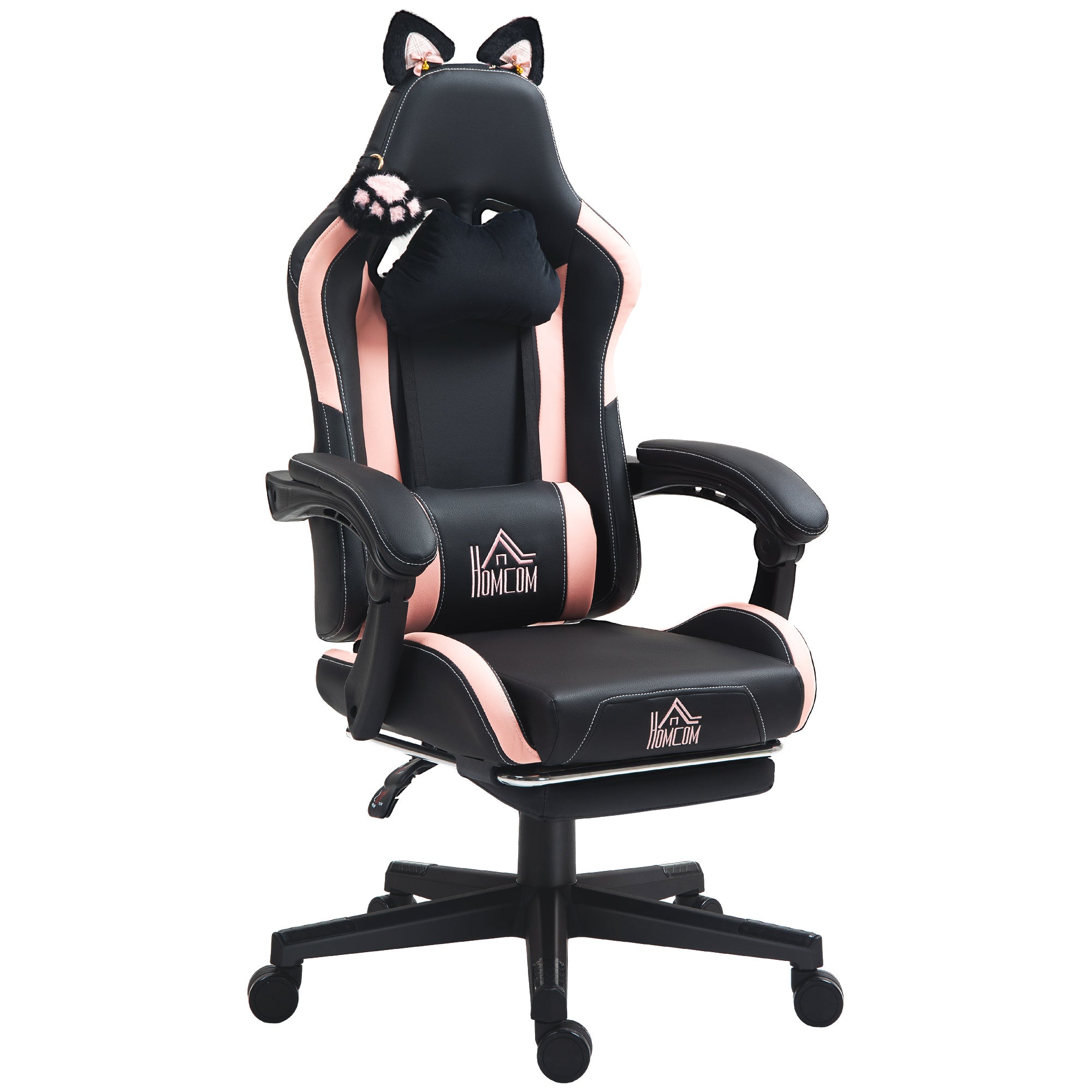 Cat Ear Gaming Chair with Footrest - Black Faux Leather-DECOROLALA