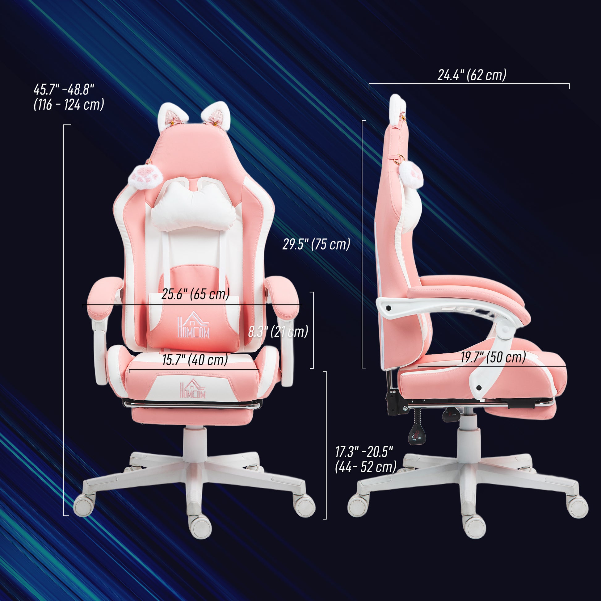 Cat Ear Gaming Chair with Footrest - Pink Faux Leather-DECOROLALA