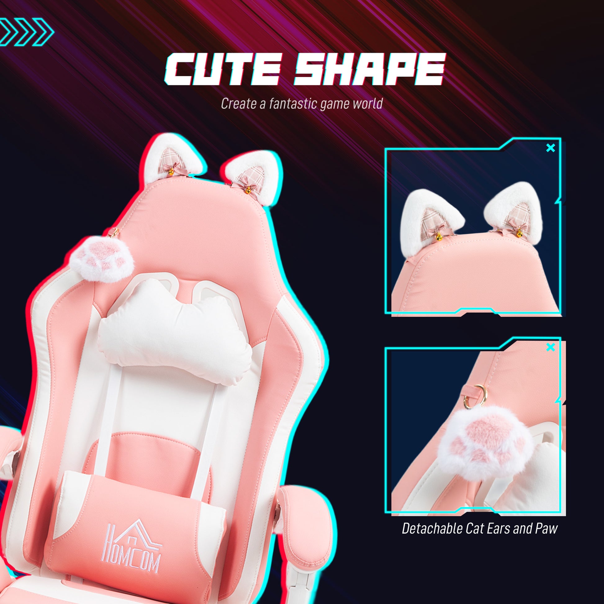 Cat Ear Gaming Chair with Footrest - Pink Faux Leather-DECOROLALA