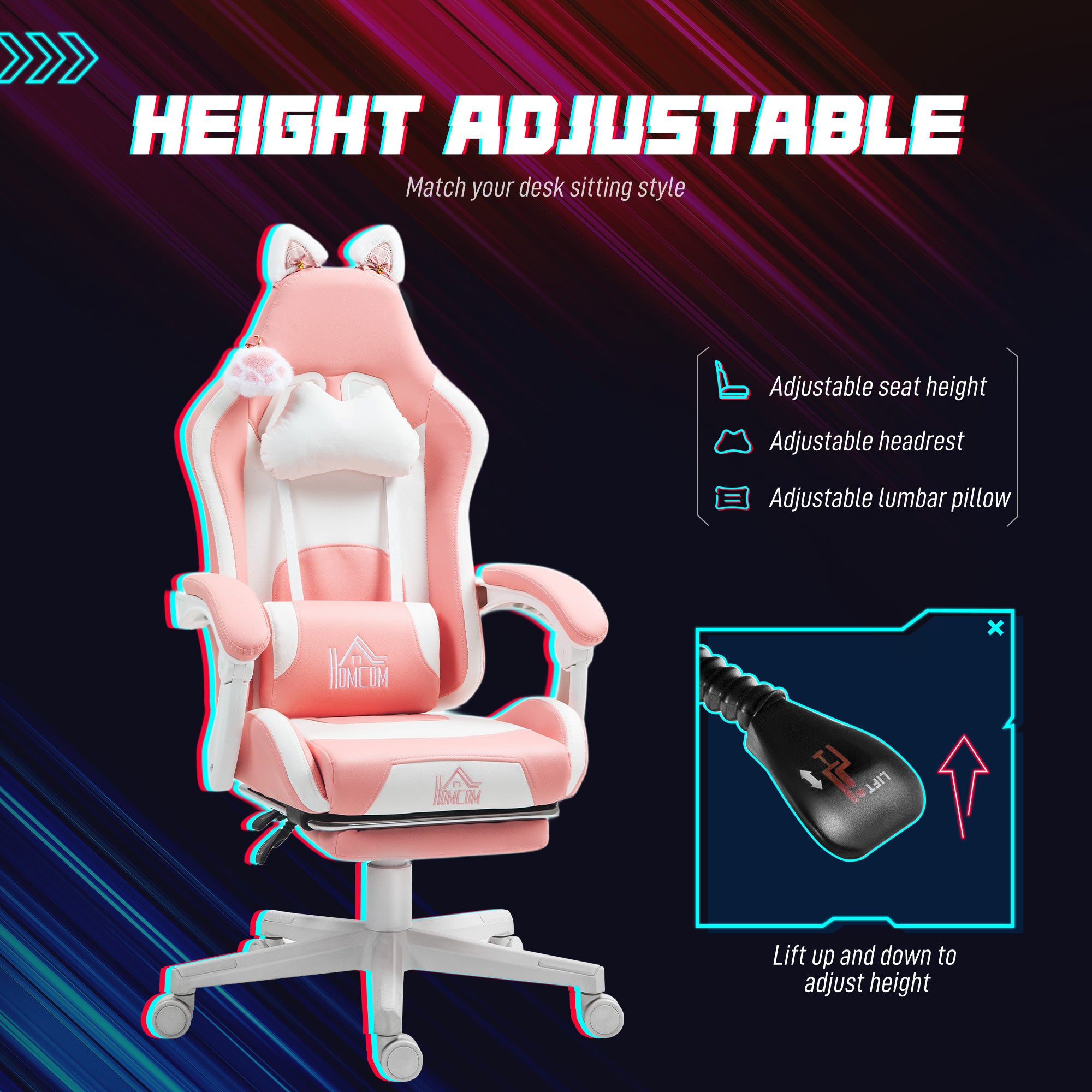 Cat Ear Gaming Chair with Footrest - Pink Faux Leather-DECOROLALA