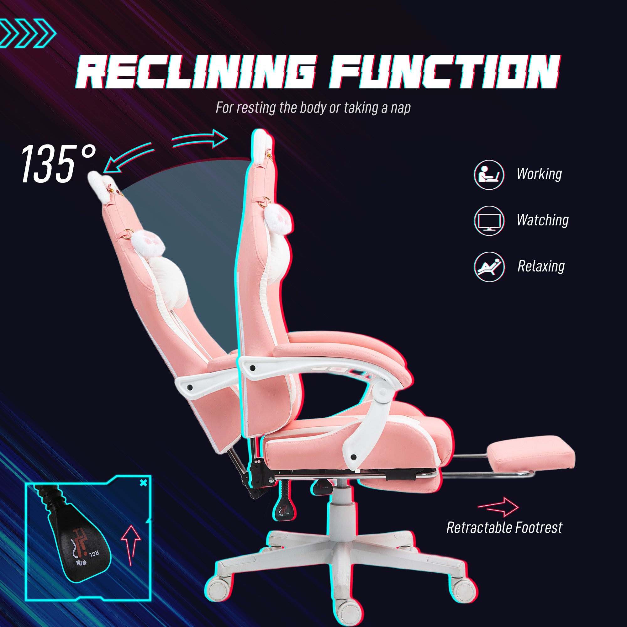 Cat Ear Gaming Chair with Footrest - Pink Faux Leather-DECOROLALA