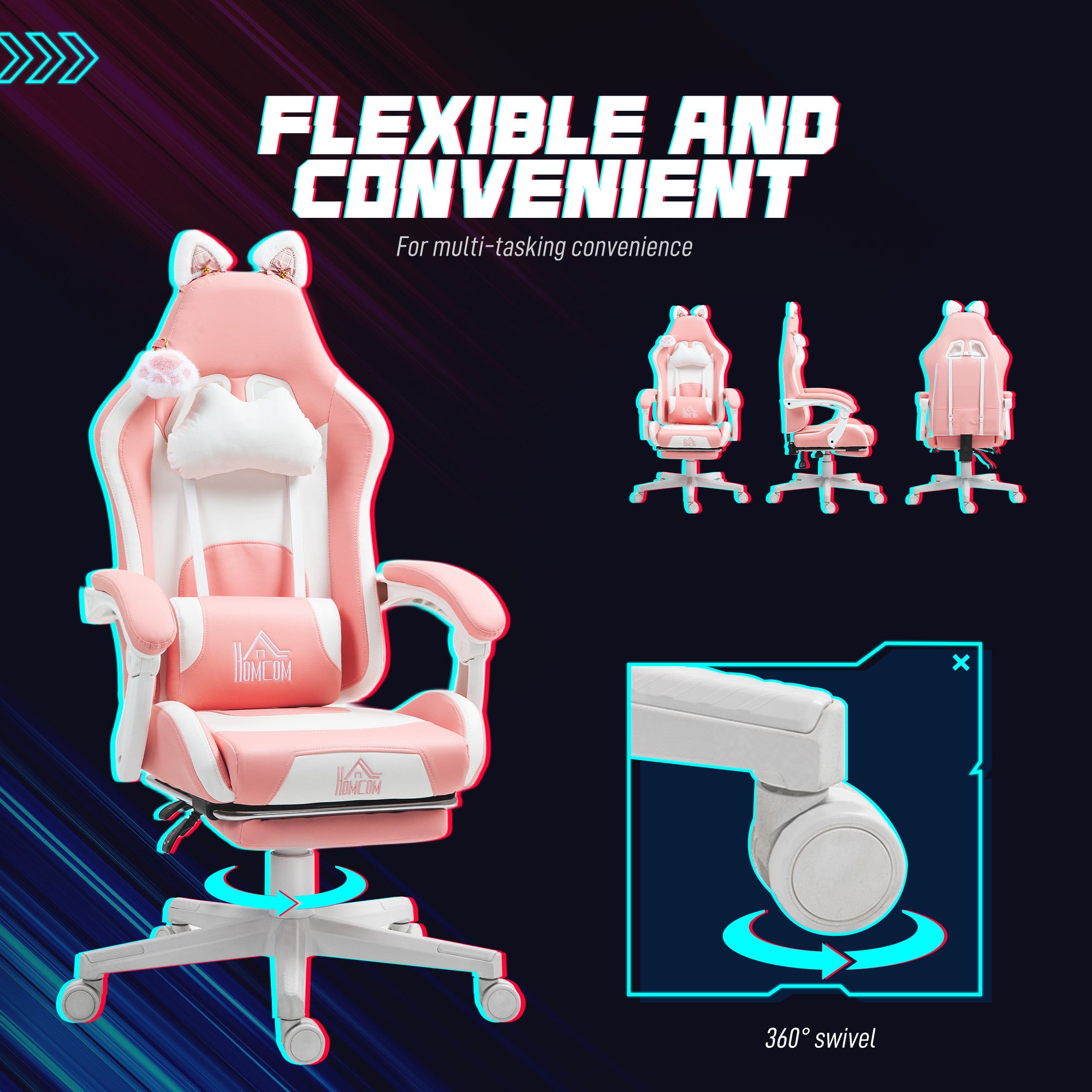 Cat Ear Gaming Chair with Footrest - Pink Faux Leather-DECOROLALA
