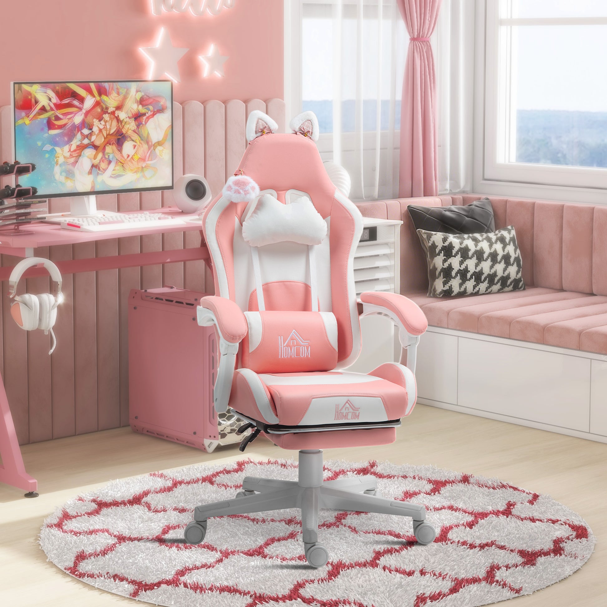 Cat Ear Gaming Chair with Footrest - Pink Faux Leather-DECOROLALA