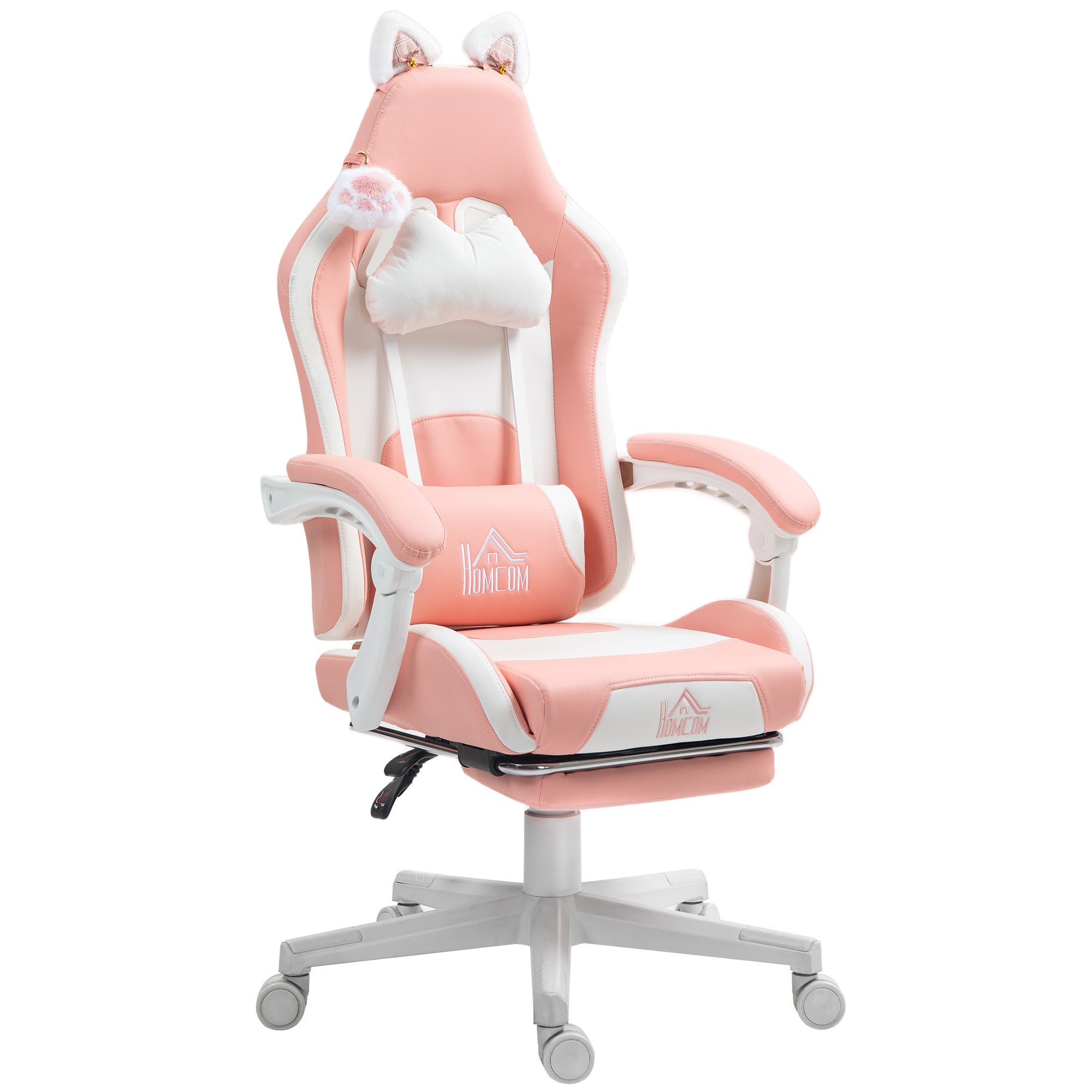 Cat Ear Gaming Chair with Footrest - Pink Faux Leather-DECOROLALA