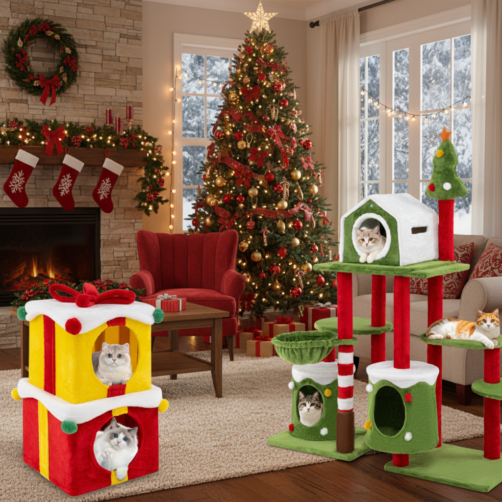 Cat Furniture Set with 58 Inch Tall Cat Tree Tower and 2 Gift Box Shaped Cute Christmas Cat House-Cat Supplies-DECOROLALA