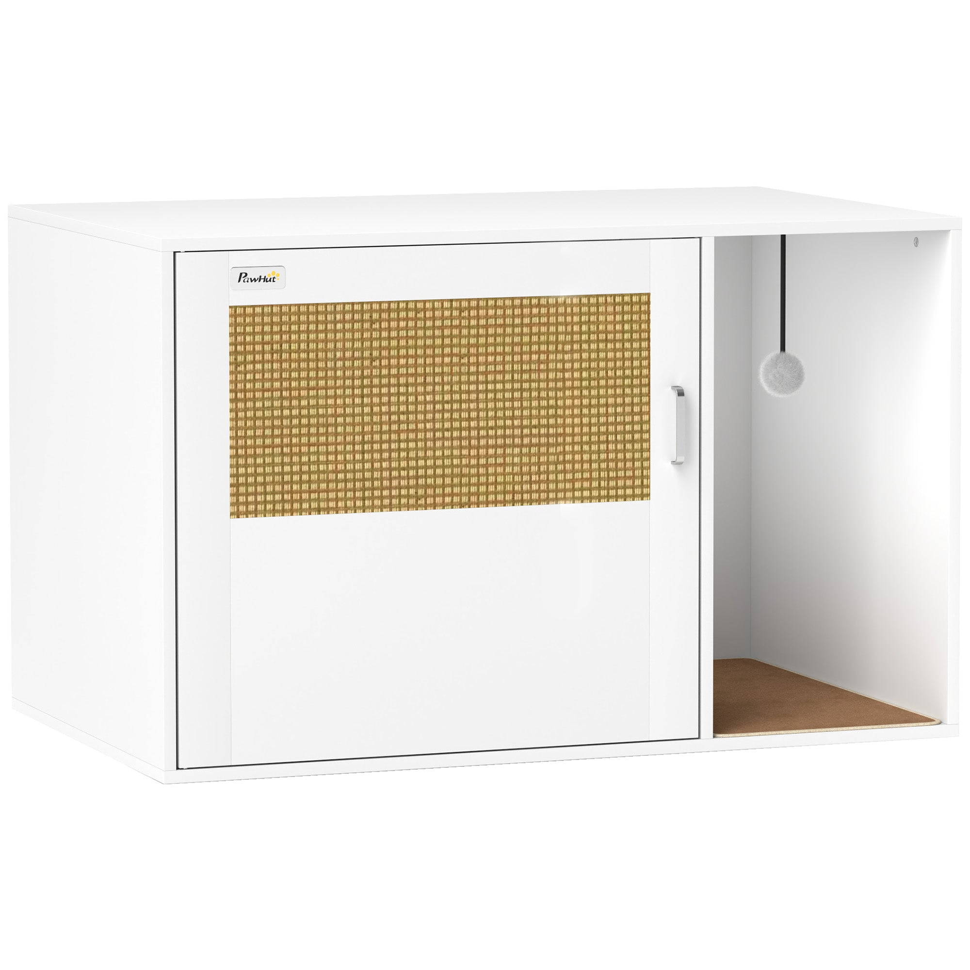Cat Litter Box Enclosure, Cat Washroom End Side Table with Rattan Door, Scratching Pad, Non-slip Foot Pads, White-Cats-DECOROLALA