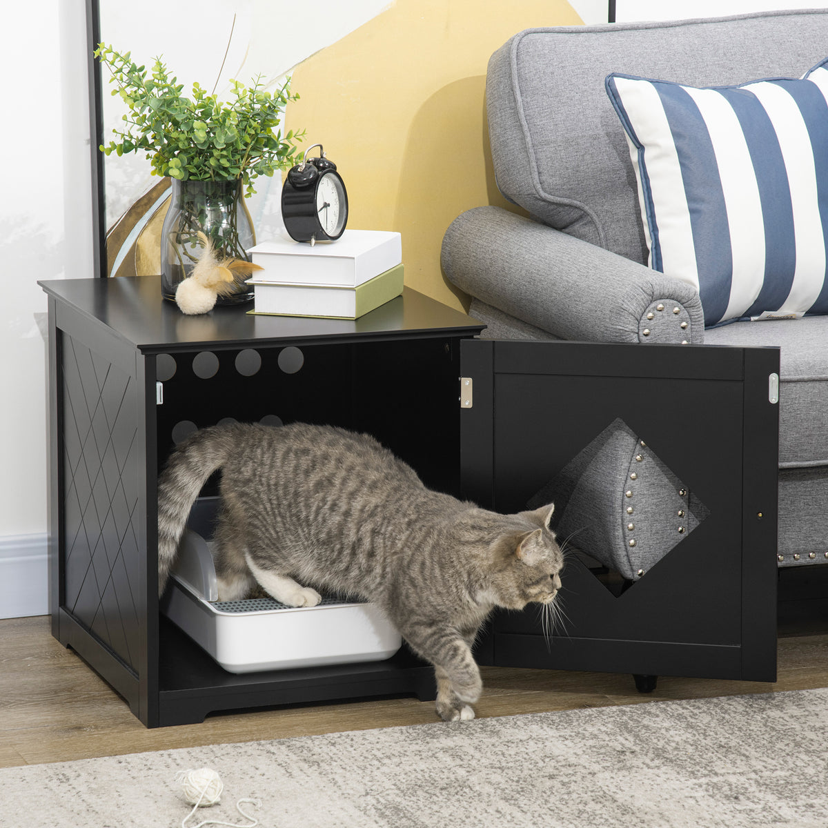Cat Litter Box Enclosure End Table - Black Nightstand Cabinet-Cats-DECOROLALA