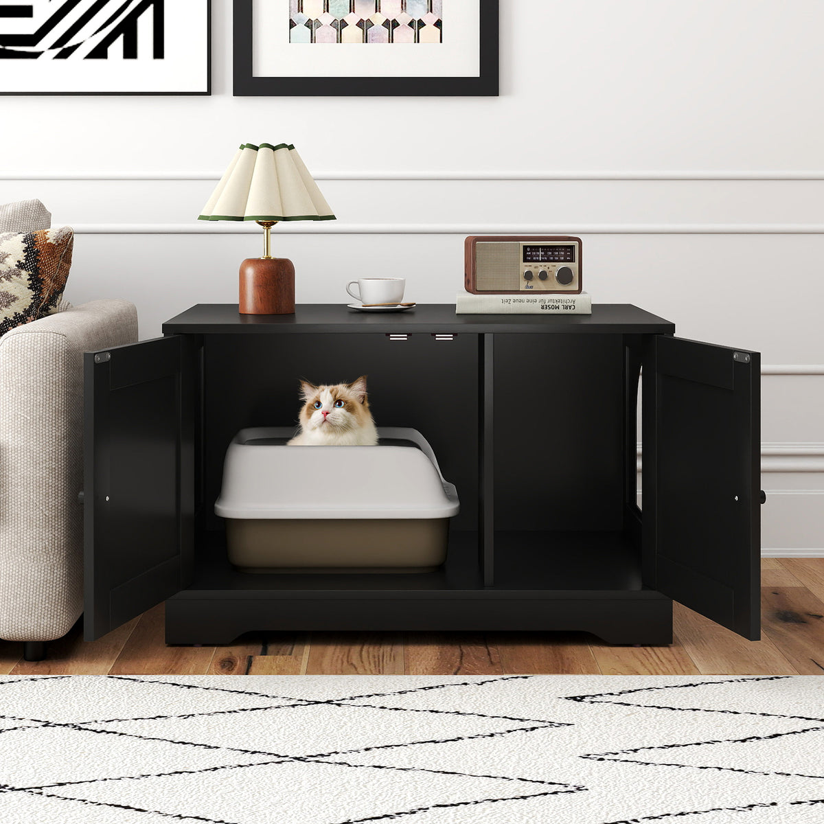 Cat Litter Box Enclosure Furniture Indoor Wooden Cat House End Side Table Nightstand-Black-Cat Supplies-DECOROLALA