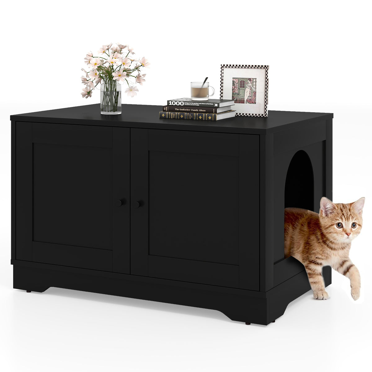Cat Litter Box Enclosure Furniture Indoor Wooden Cat House End Side Table Nightstand-Black-Cat Supplies-DECOROLALA