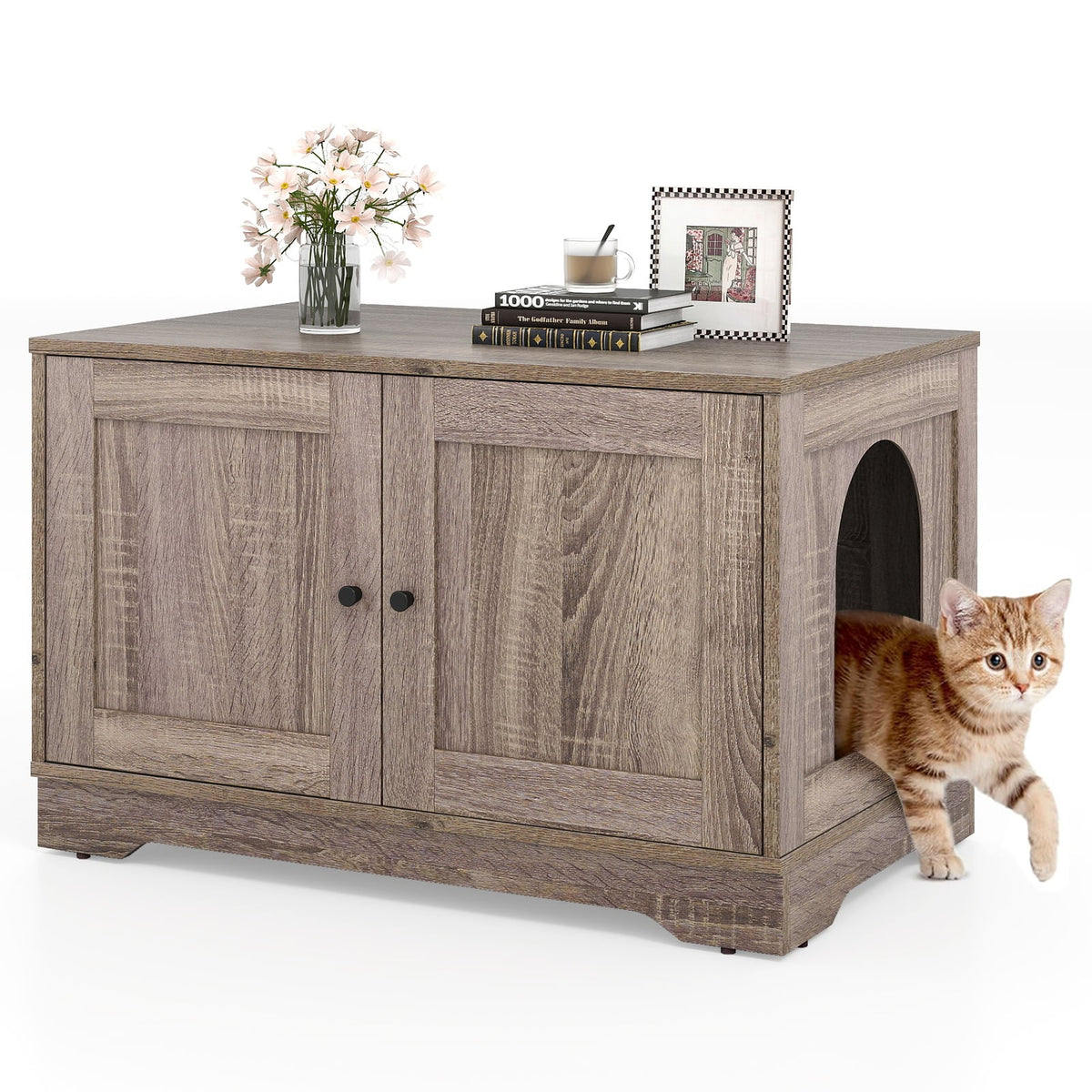 Cat Litter Box Enclosure Furniture Indoor Wooden Cat House End Side Table Nightstand-Grey-Cat Supplies-DECOROLALA