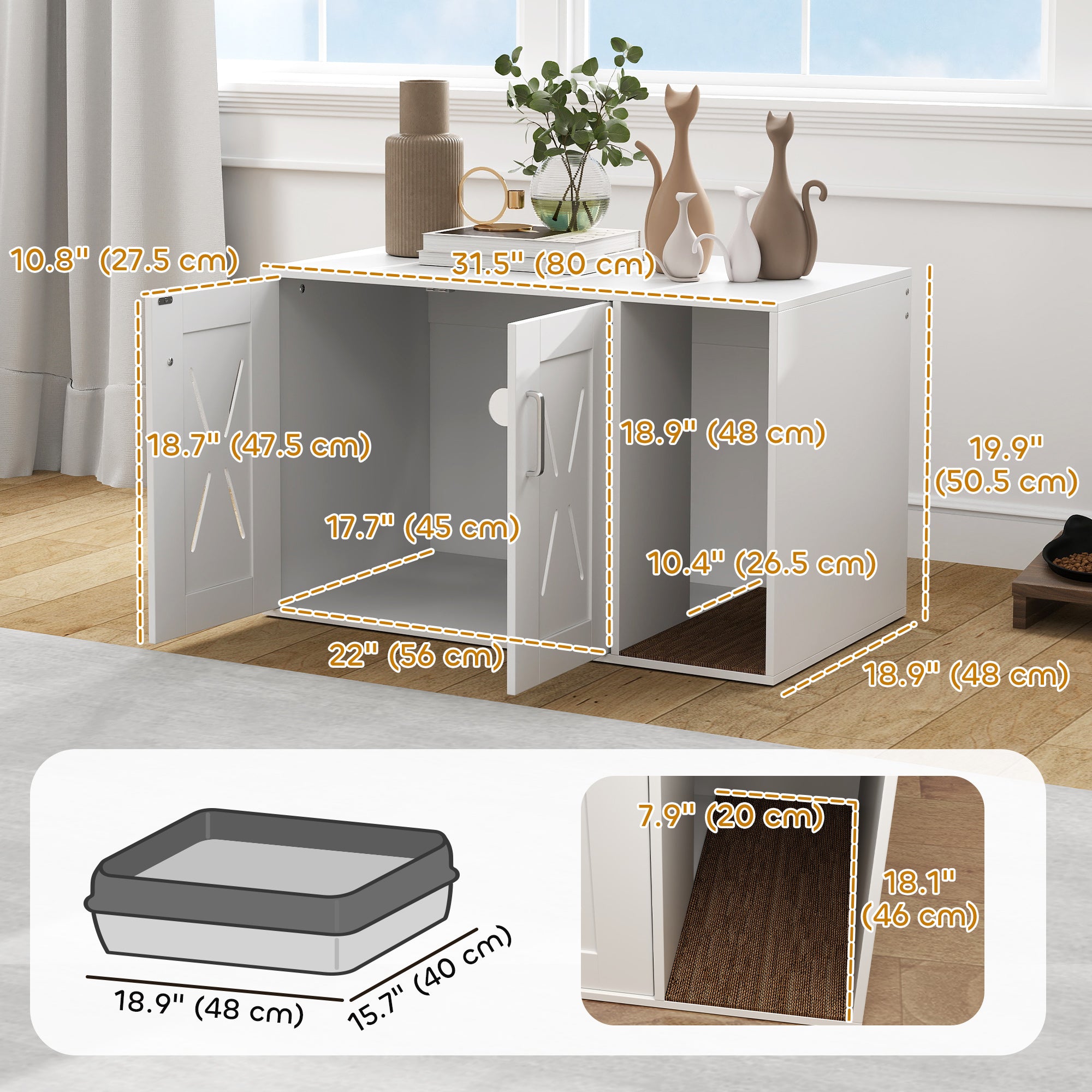 Cat Litter Box Enclosure, Hidden Cat Litter Box Furniture with Scratching Board, 31.5" x 19" x 20", White-Cats-DECOROLALA