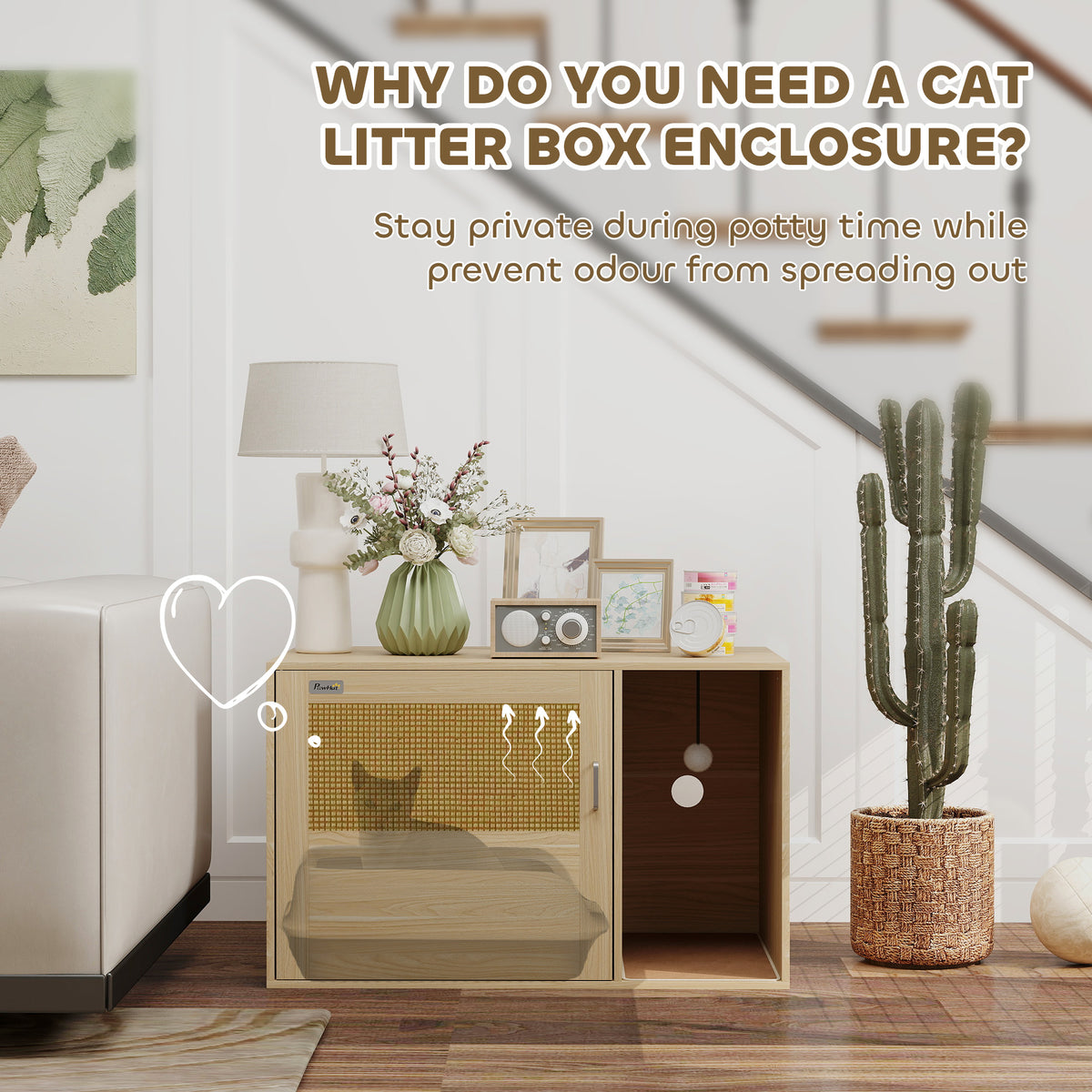 Cat Litter Box Enclosure - Oak Side Table with Rattan Door-Cats-DECOROLALA