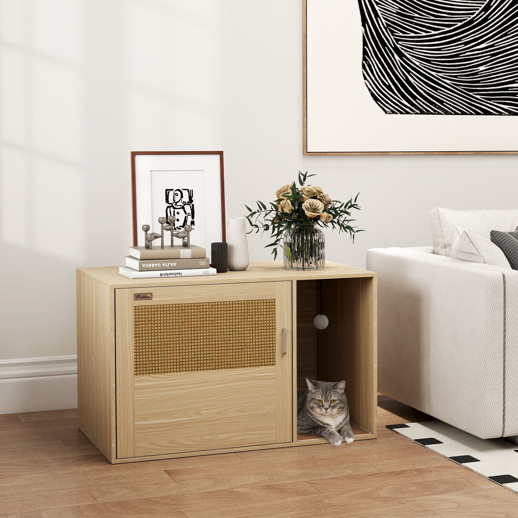 Cat Litter Box Enclosure - Oak Side Table with Rattan Door-Cats-DECOROLALA