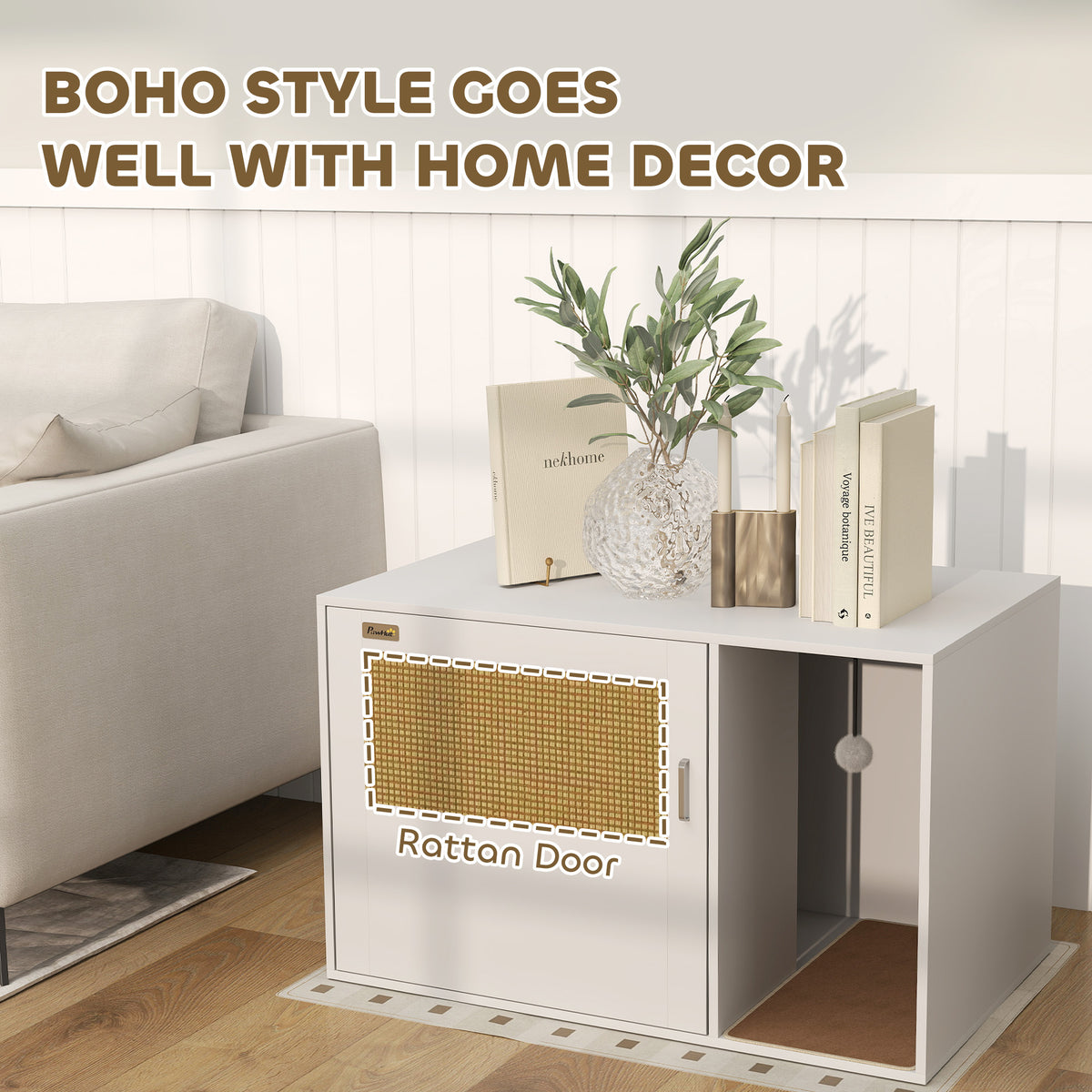 Cat Litter Box Enclosure Side Table with Rattan Door - White-Cats-DECOROLALA